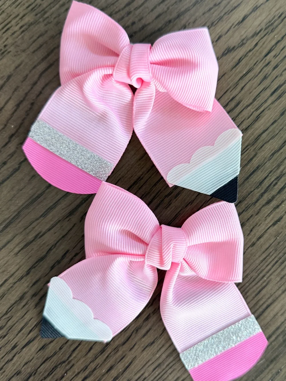 Brand New Set of 2 Pink Kids Hair Bow Pair with Glitter & Pencil Tip Detail